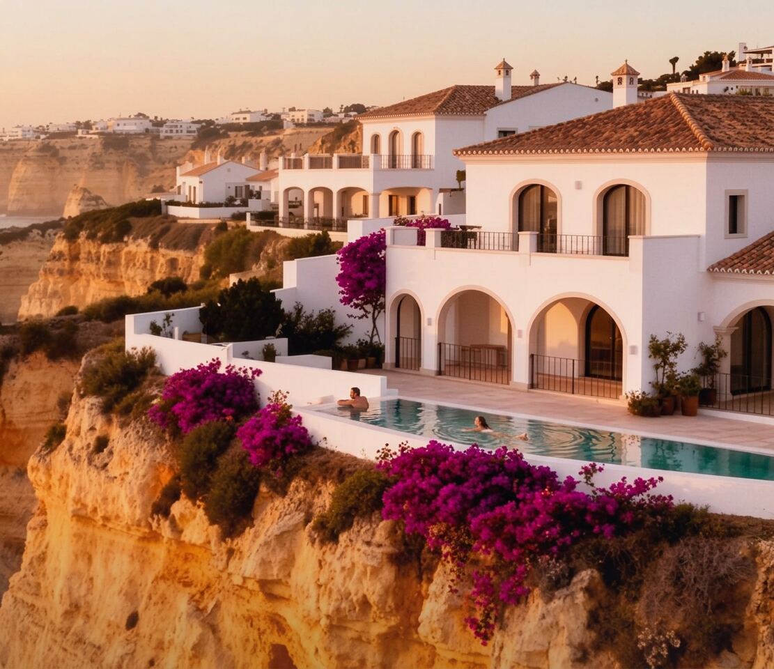 Vrouw in linnen jurk op Portugees strand bij gouden uur, Algarve kliffen op de achtergrond